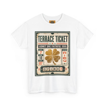 White graphic T-shirt with vintage ticket poster print and gold four-leaf clover in the middle.