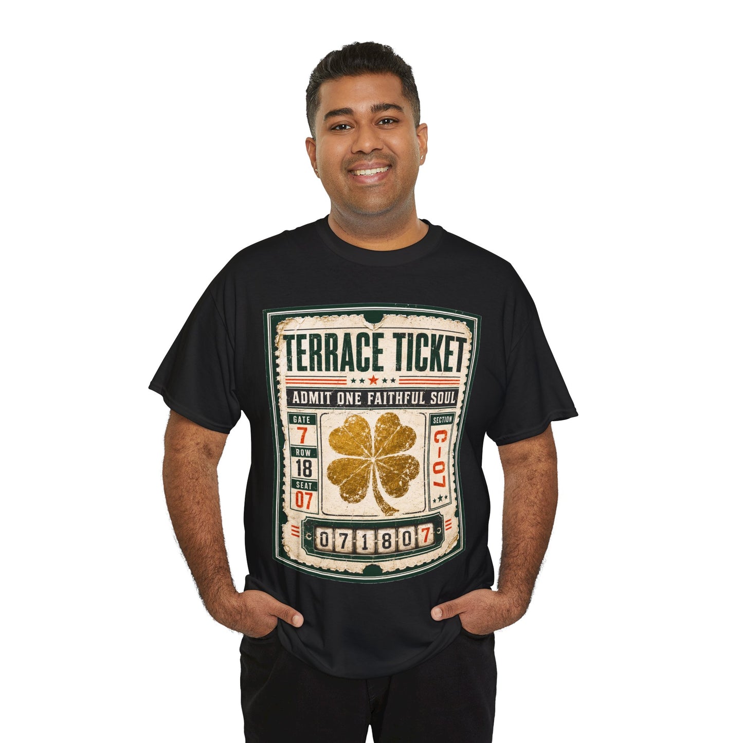 Black T-shirt with centered ticket graphic and gold four-leaf clover design