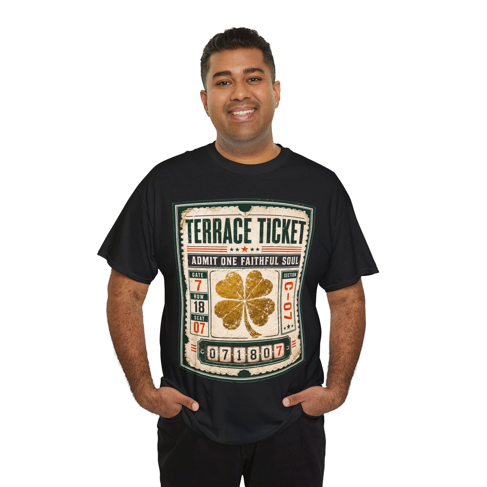 Black T-shirt with centered ticket graphic and gold four-leaf clover design