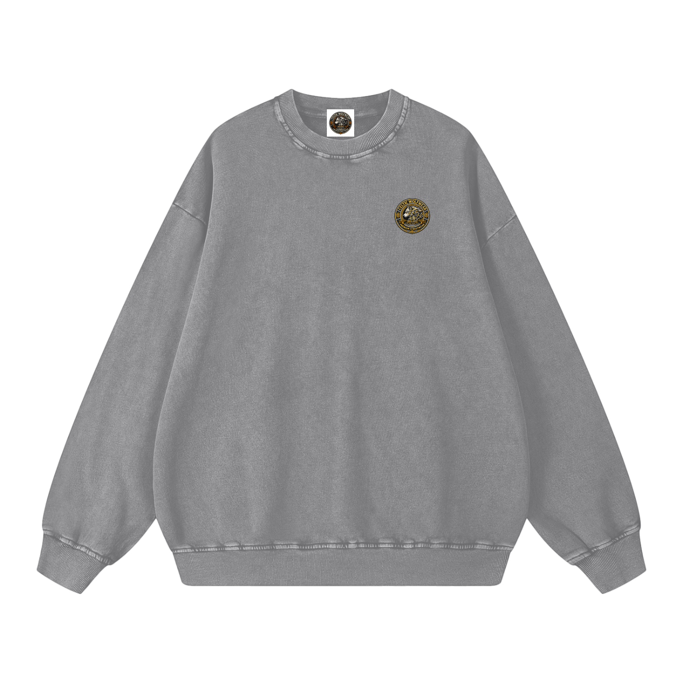 Oversized gray sweatshirt, crew neck, small chest patch logo
