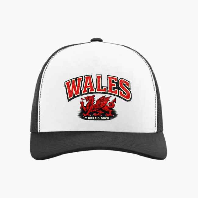 Two-tone trucker cap, white front and black brim, with Wales logo on front
