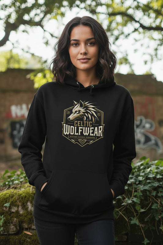 Black long-sleeve hoodie with front wolf emblem and kangaroo pouch pocket