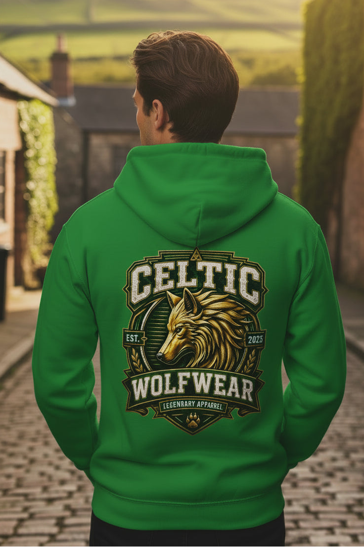 Bright green zip-up hoodie with hood, back crest graphic featuring a wolf head