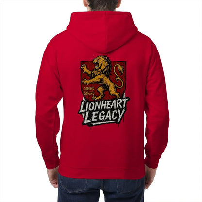 Celtic Lion Zip Hoodie - Lionheart Red Ribbed Hem Unisex - Celtic Wolfwear