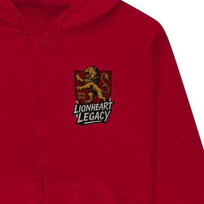 Celtic Lion Zip Hoodie - Lionheart Red Ribbed Hem Unisex - Celtic Wolfwear