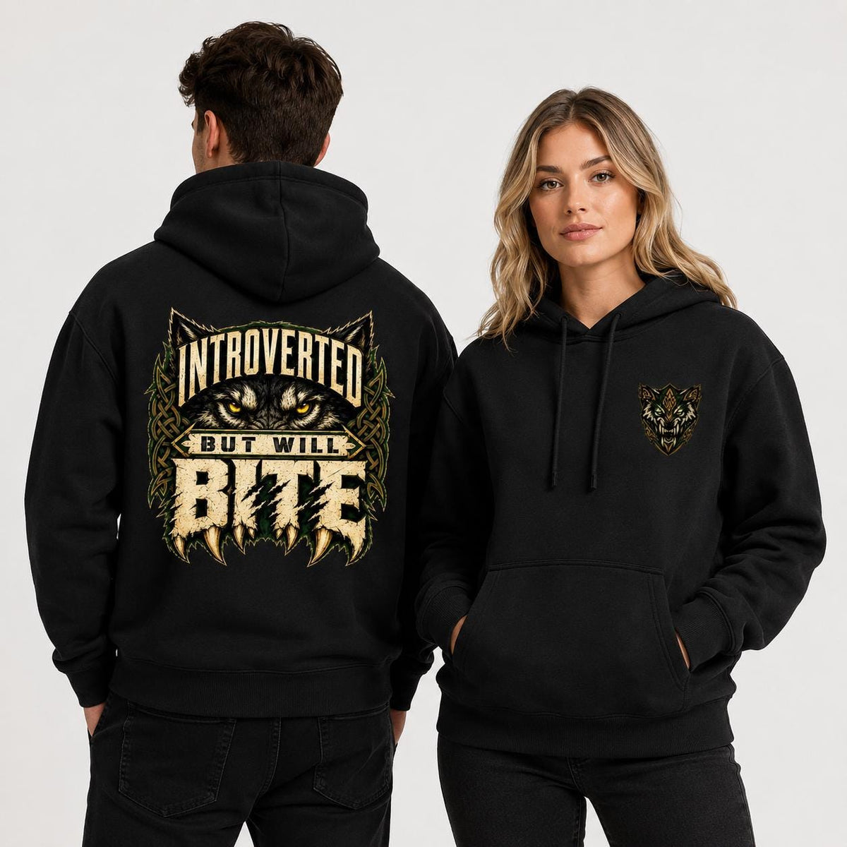 Celtic Wolf Hoodie, Introverted But Will Bite, Unisex Cotton-Blend Fleece, Forest Green Black White - Celtic Wolfwear