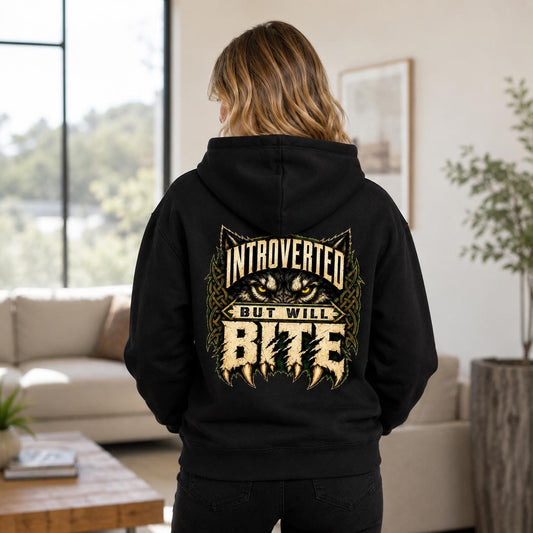 Celtic Wolf Hoodie, Introverted But Will Bite, Unisex Cotton-Blend Fleece, Forest Green Black White - Celtic Wolfwear