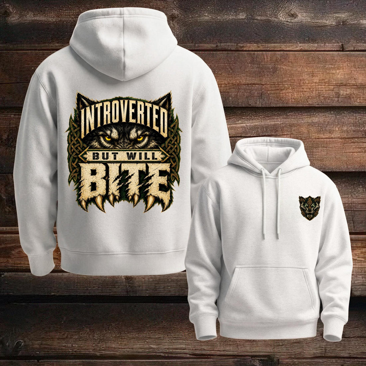 Celtic Wolf Hoodie, Introverted But Will Bite, Unisex Cotton-Blend Fleece, Forest Green Black White - Celtic Wolfwear