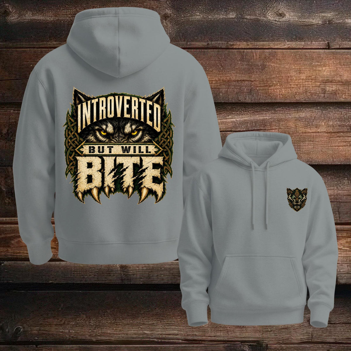 Celtic Wolf Hoodie, Introverted But Will Bite, Unisex Cotton-Blend Fleece, Forest Green Black White - Celtic Wolfwear