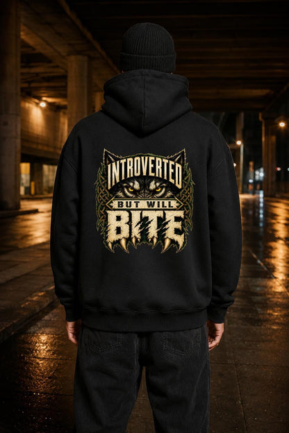 Celtic Wolf Hoodie, Introverted But Will Bite, Unisex Cotton-Blend Fleece, Forest Green Black White - Celtic Wolfwear