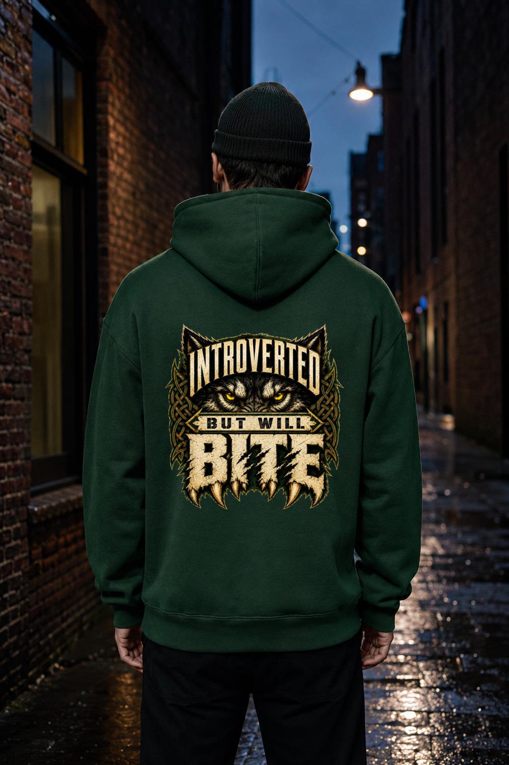 Celtic Wolf Hoodie, Introverted But Will Bite, Unisex Cotton-Blend Fleece, Forest Green Black White - Celtic Wolfwear