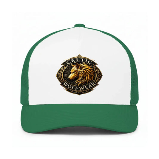 Celtic Wolf Trucker Cap - Green Emblem Mesh, Adjustable - Celtic Wolfwear