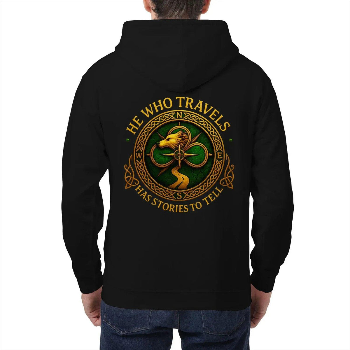 Celtic Wolf Zip Hoodie - He Who Travels Unisex Streetwear - Celtic Wolfwear