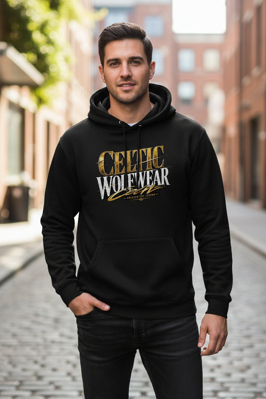 Black hoodie with hood drawstrings, kangaroo pocket, and Celtic WolfWear front graphic