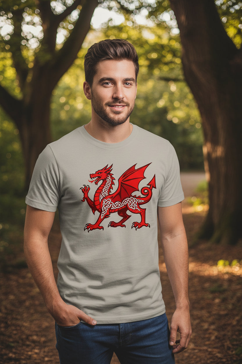 Gray T-shirt with red Celtic knot dragon graphic on the chest
