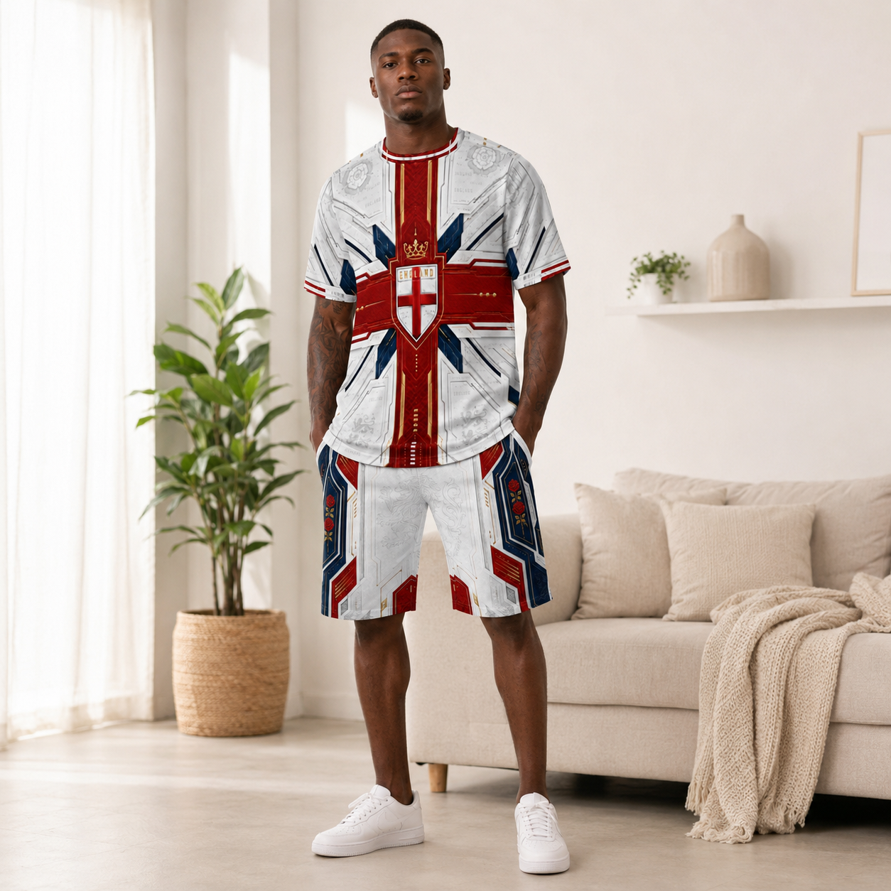 Man wearing a Union Jack-themed outfit standing in a living room.
