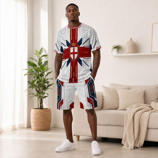 Man wearing a Union Jack-themed outfit standing in a living room.