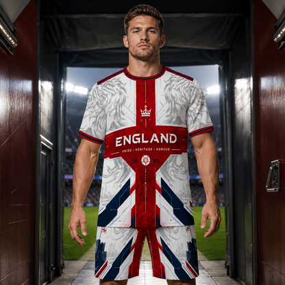 Person wearing an England-themed sports uniform with a Union Jack design in a locker room.