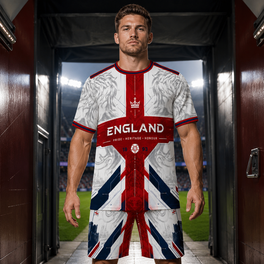 Person wearing an England-themed sports uniform with a Union Jack design in a locker room.