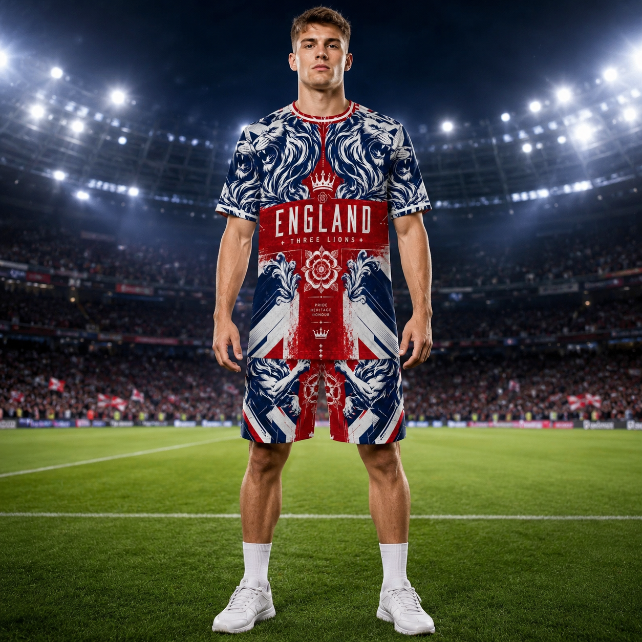 Person wearing a sports outfit with England design on a football field