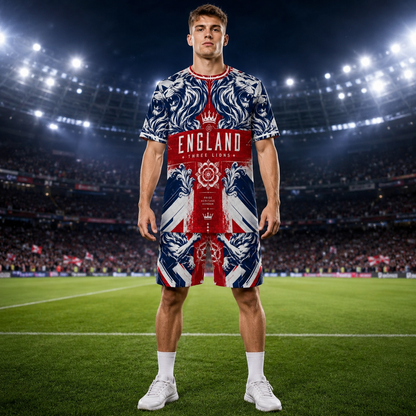 Person wearing a sports outfit with England design on a football field