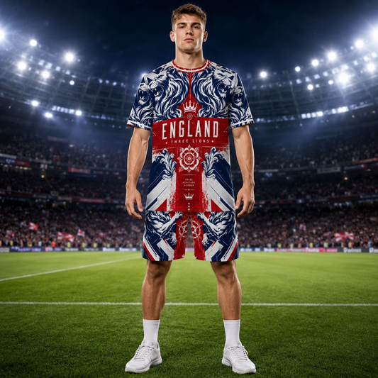 Person wearing a sports outfit with England design on a football field