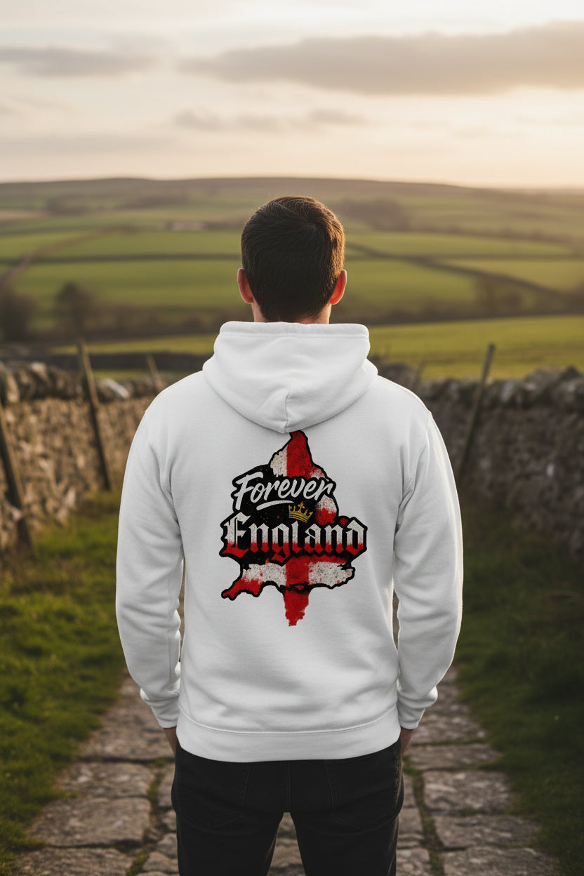 Arctic white zip hoodie with hood and red England crest graphic on back