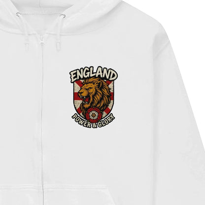 English Lion Zip Hoodie - White Badge Unisex Streetwear - Celtic Wolfwear