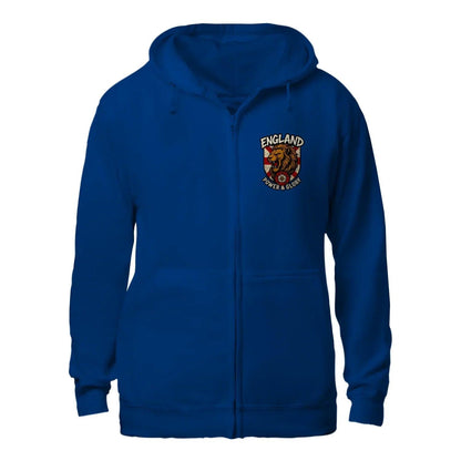 English Lion Zip Hoodie - White Badge Unisex Streetwear - Celtic Wolfwear
