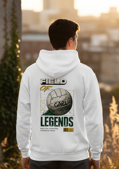 White unisex hoodie with large back print: Field of Legends graphic and text