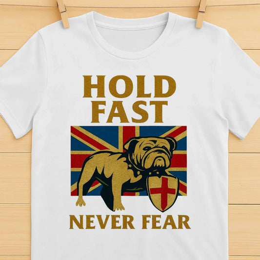 Hold Fast Never Fear England T-Shirt – Bulldog Crest Tee - Celtic Wolfwear