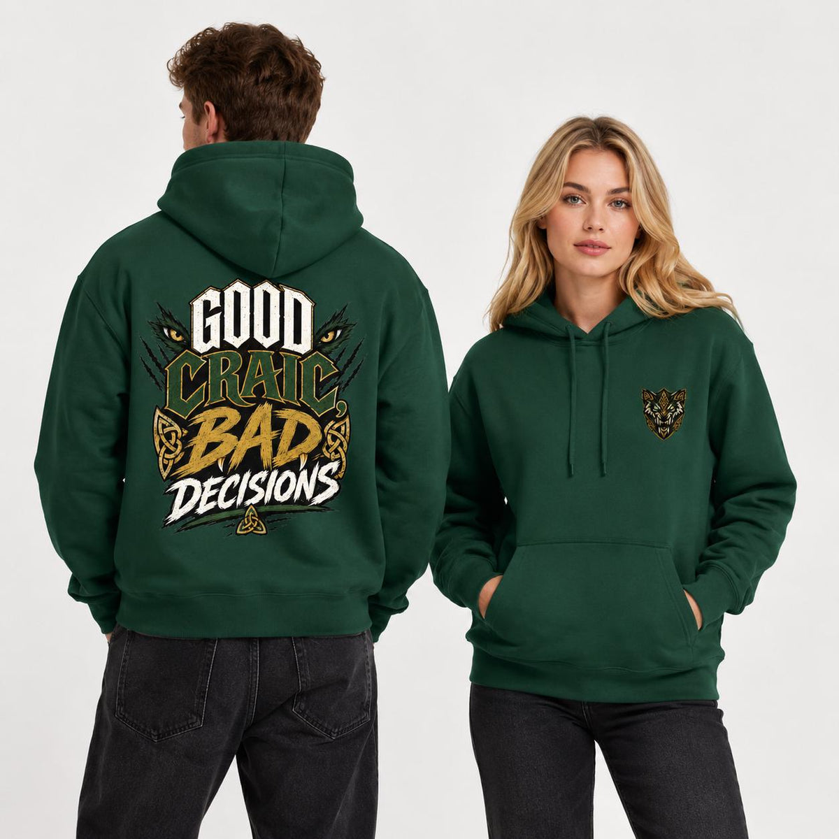 Irish Celtic Hoodie, Good Craic Bad Decisions, Unisex Cotton-Blend Fleece - Celtic Wolfwear