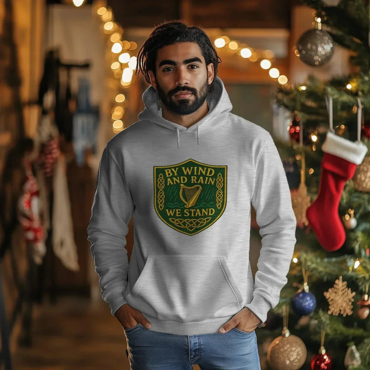 Irish Hoodie - Heritage Hood Heather Grey Unisex Streetwear - Celtic Wolfwear