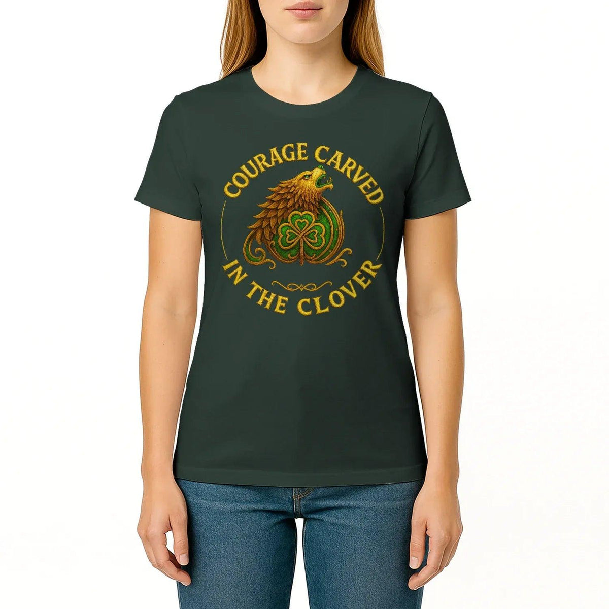 Irish T-Shirt - Clover Courage Carved Clover Tee Green - Celtic Wolfwear