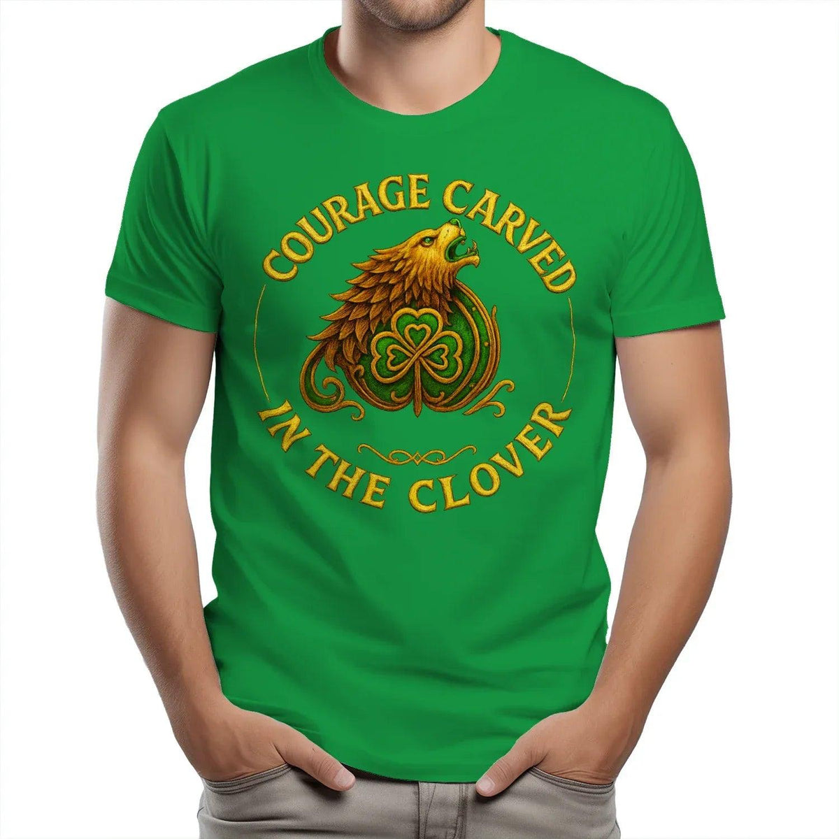 Irish T-Shirt - Clover Courage Carved Clover Tee Green - Celtic Wolfwear