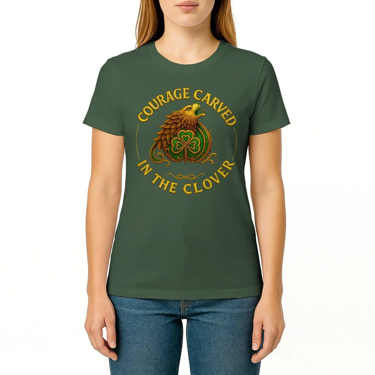 Irish T-Shirt - Clover Courage Carved Clover Tee Green - Celtic Wolfwear