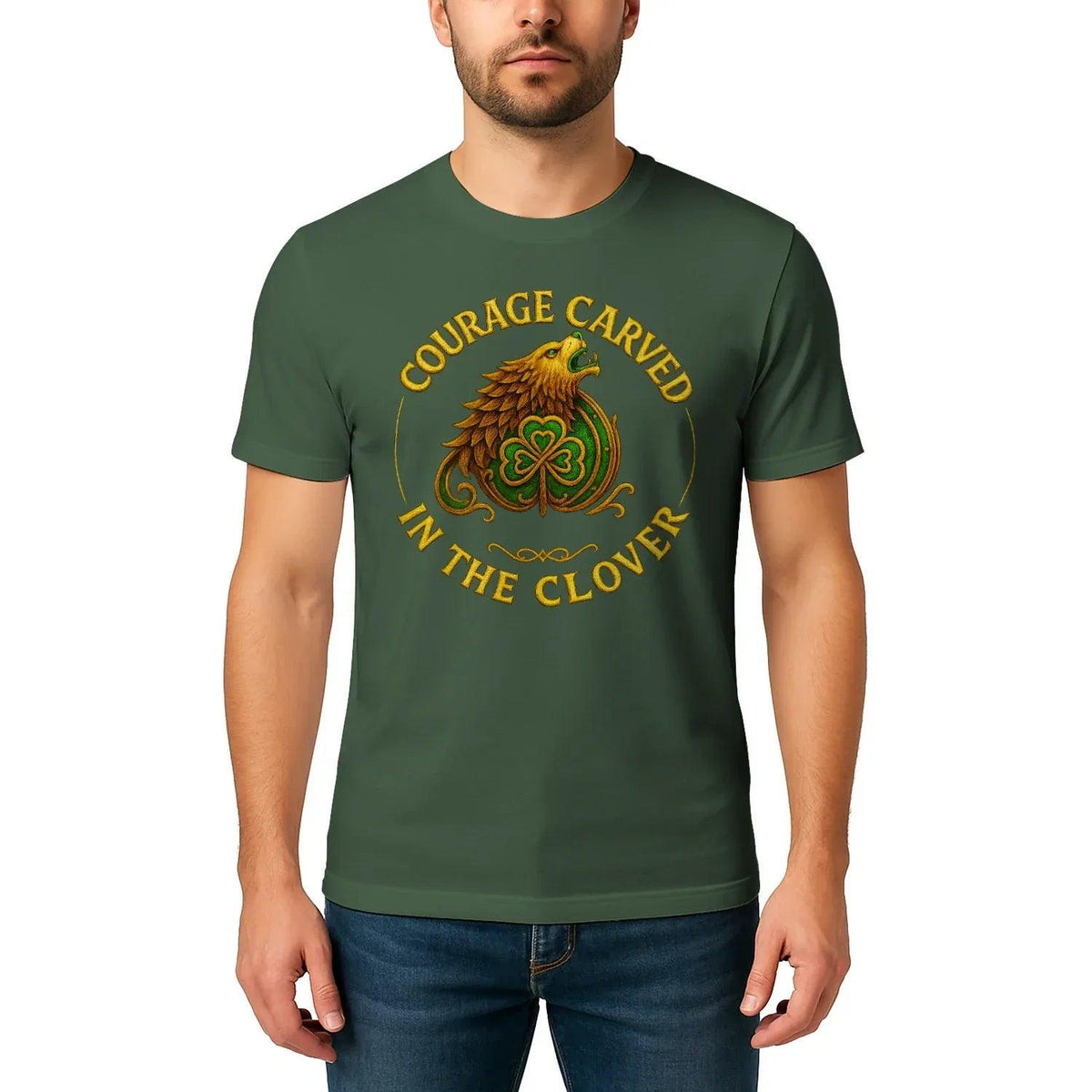 Irish T-Shirt - Clover Courage Carved Clover Tee Green - Celtic Wolfwear