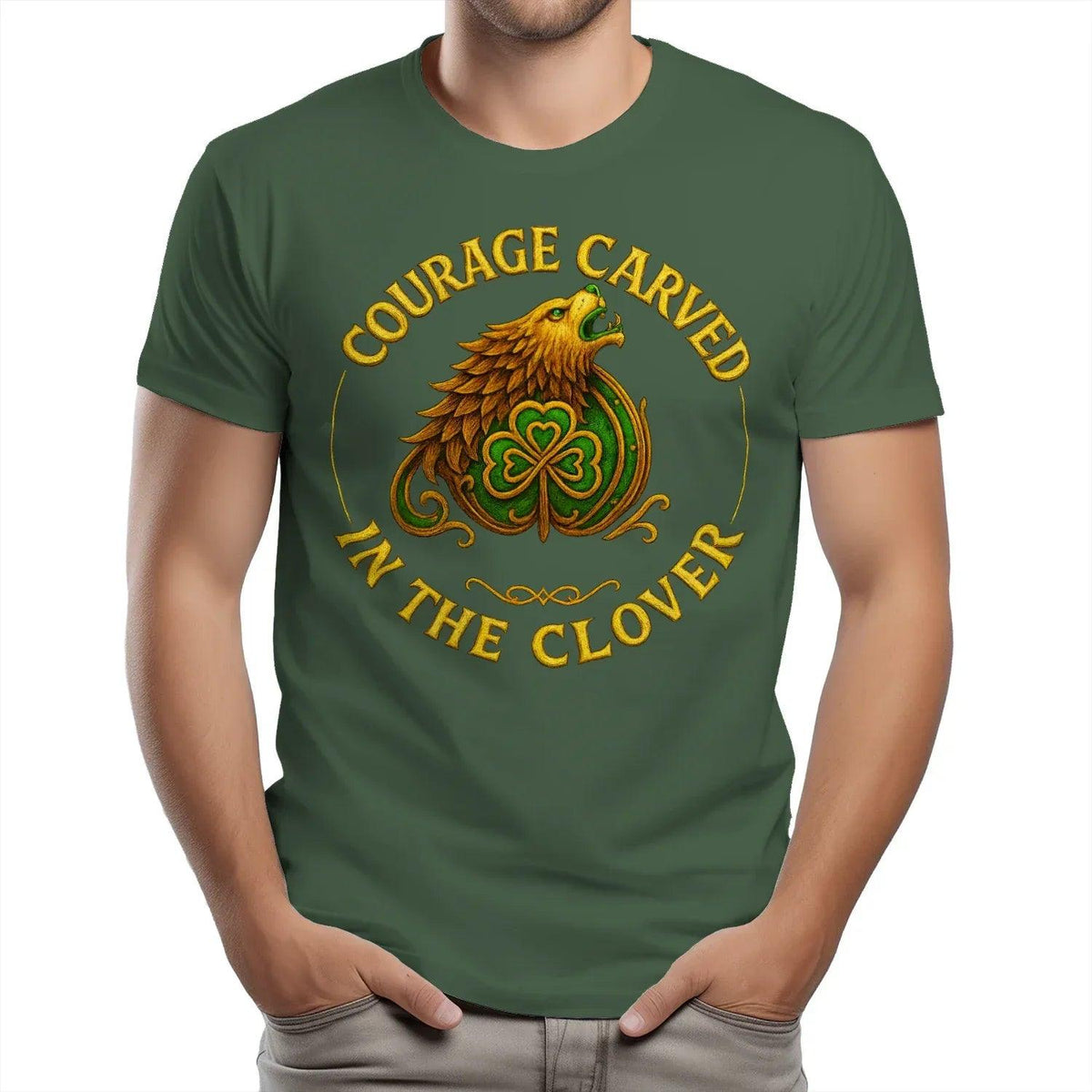 Irish T-Shirt - Clover Courage Carved Clover Tee Green - Celtic Wolfwear