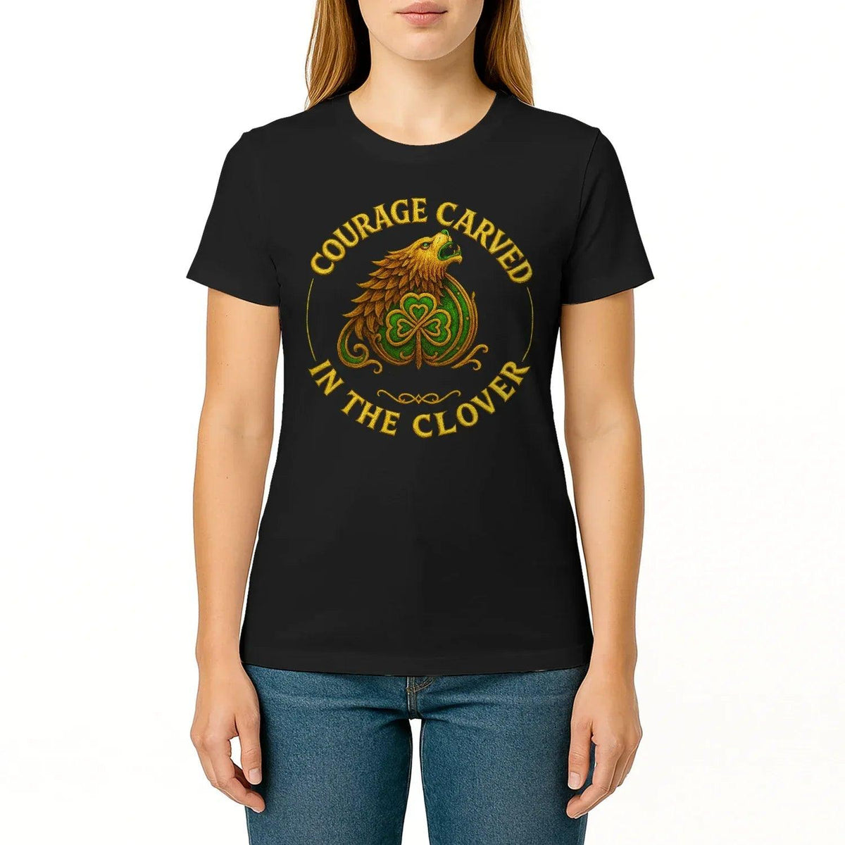 Irish T-Shirt - Clover Courage Carved Clover Tee Green - Celtic Wolfwear