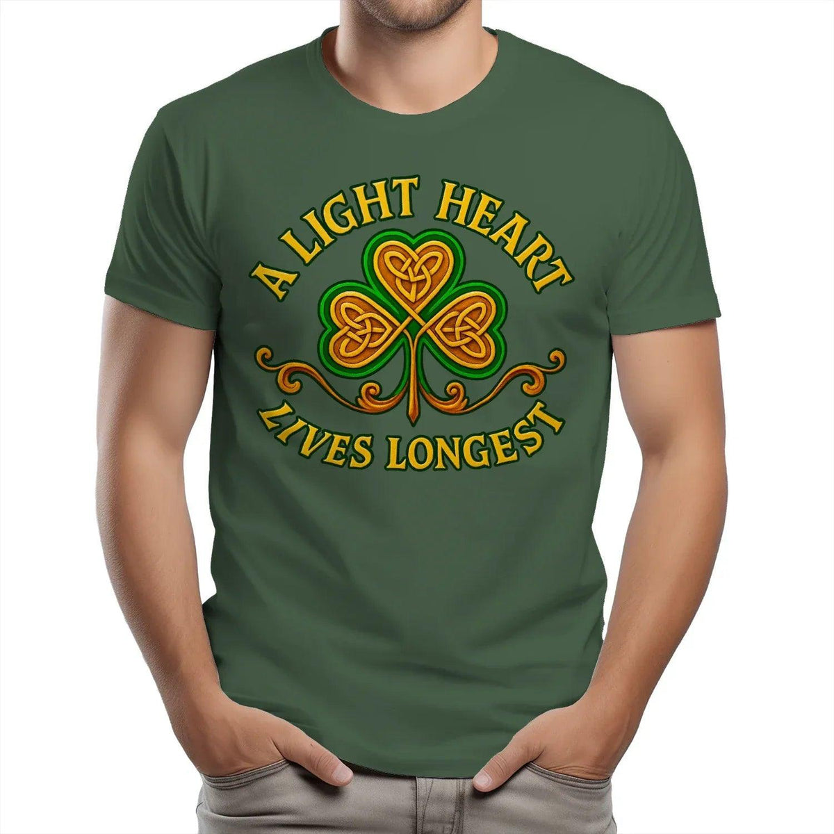 Irish T-Shirt - Clover Heart Gold Script Crew Tee Unisex - Celtic Wolfwear