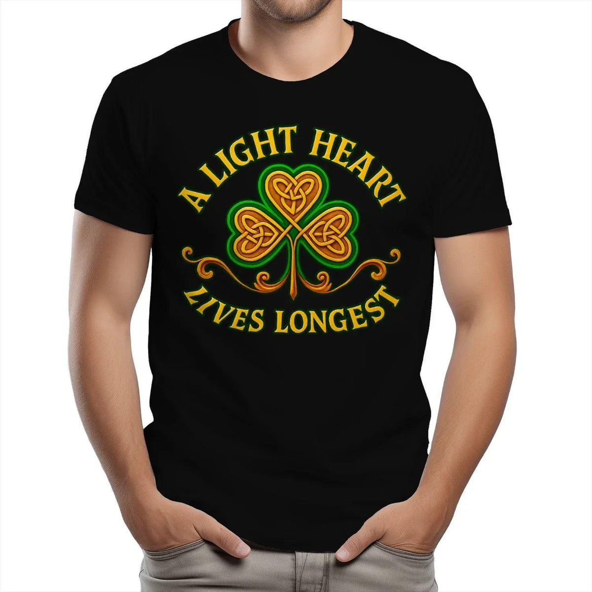 Irish T-Shirt - Clover Heart Gold Script Crew Tee Unisex - Celtic Wolfwear