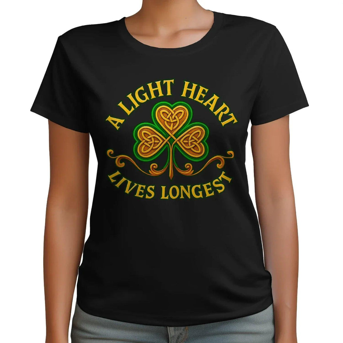 Irish T-Shirt - Clover Heart Gold Script Crew Tee Unisex - Celtic Wolfwear