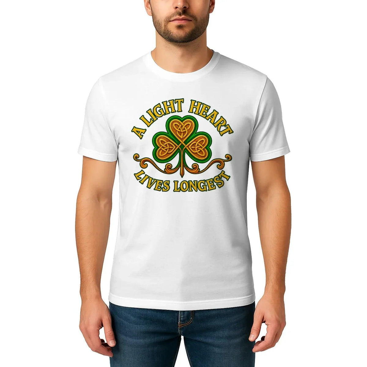 Irish T-Shirt - Clover Heart Gold Script Crew Tee Unisex - Celtic Wolfwear