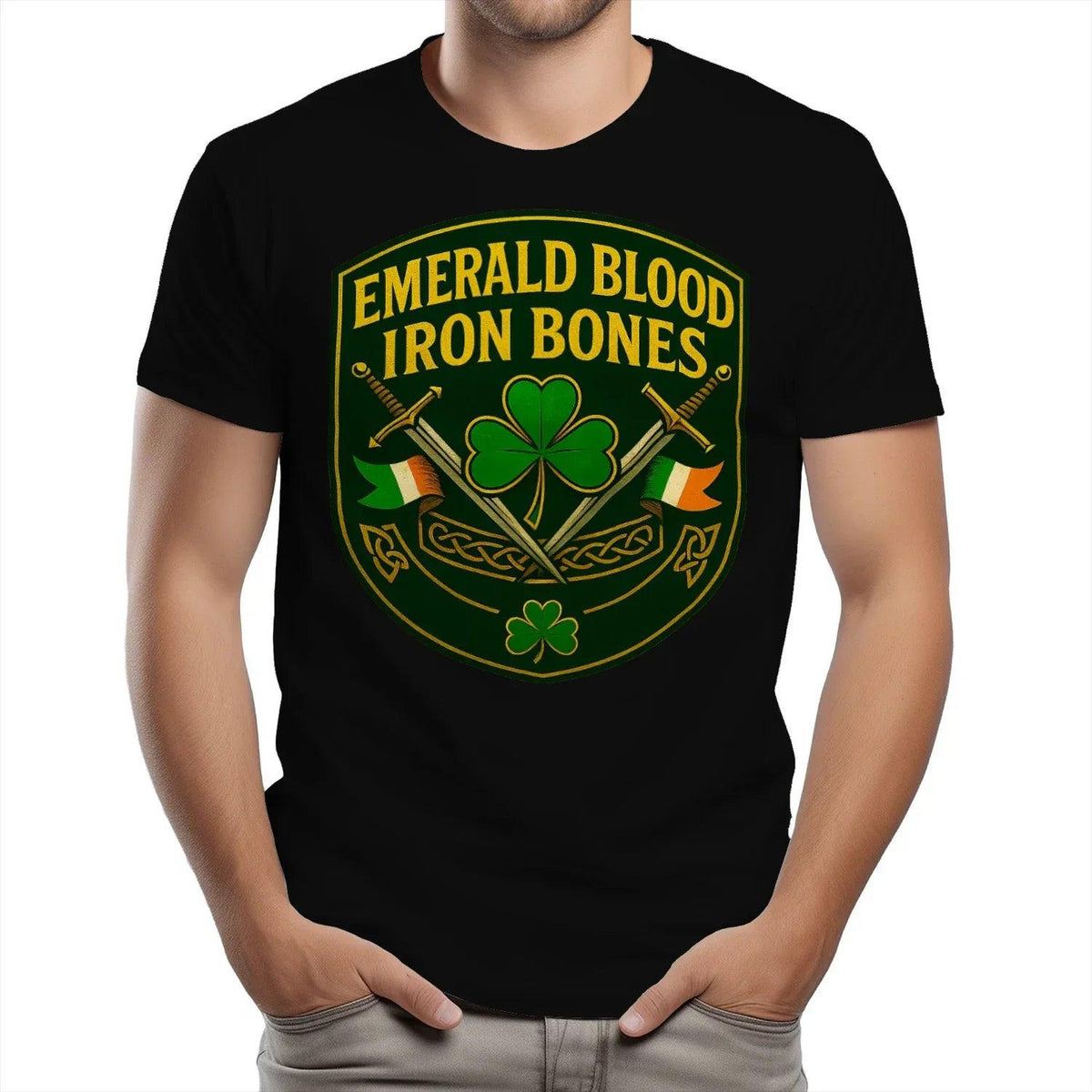Irish Wolf T-Shirt - Emerald Iron Bones Crest Crew Tee L - Celtic Wolfwear