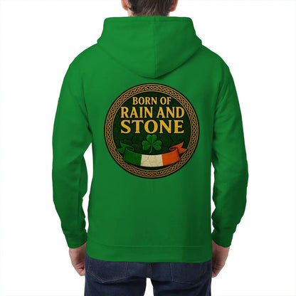 Irish Zip Hoodie - Born of Rain and Stone Unisex Streetwear - Celtic Wolfwear