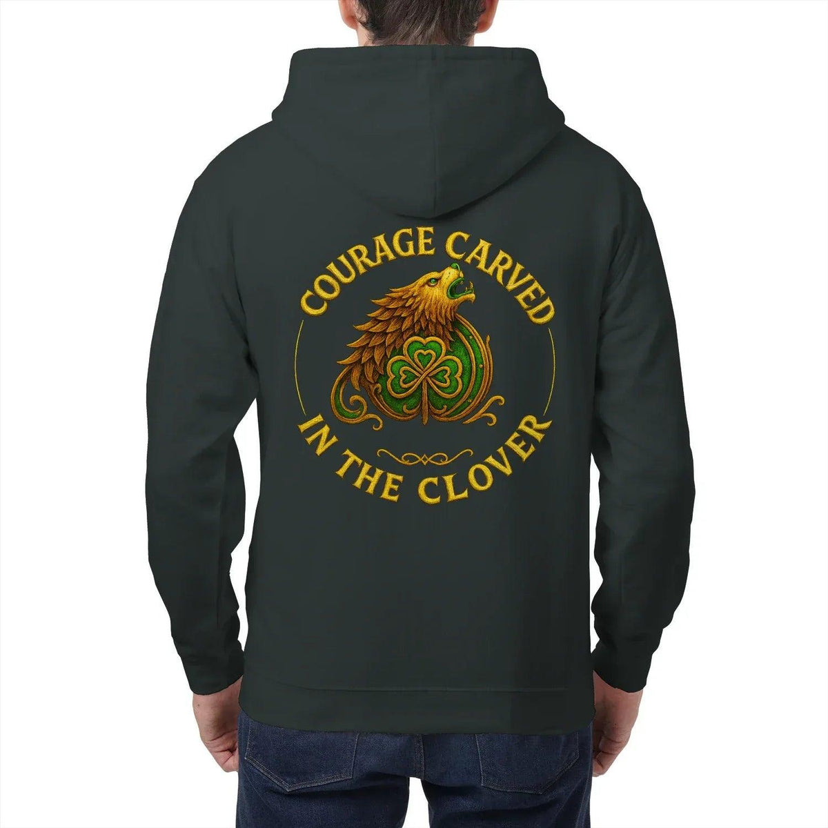 Irish Zip Hoodie - Courage Carved in the Clover Shamrock - Celtic Wolfwear
