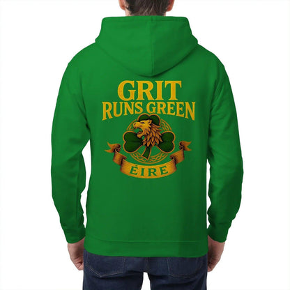 Irish Zip Hoodie - Grit Runs Green, Heritage Streetwear - Celtic Wolfwear