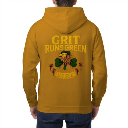 Irish Zip Hoodie - Grit Runs Green, Heritage Streetwear - Celtic Wolfwear