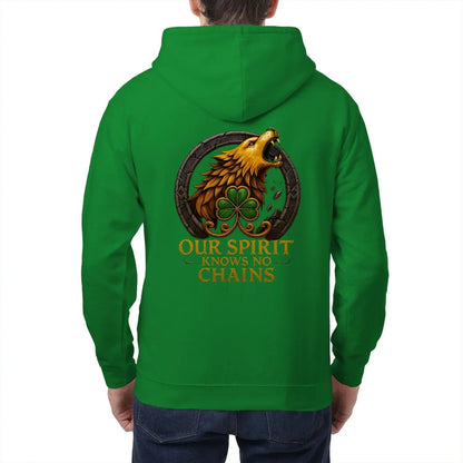 Irish Zip Hoodie - Our Spirit Knows No Chains, Unisex - Celtic Wolfwear