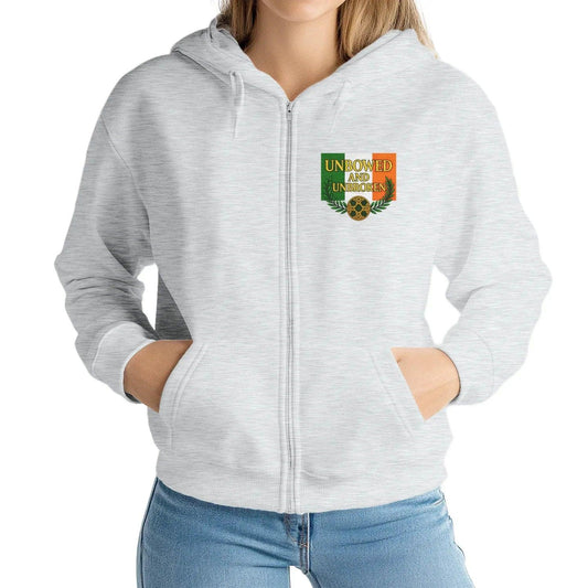 Irish Zip Hoodie - Unbowed and Unbroken Unisex Streetwear - Celtic Wolfwear